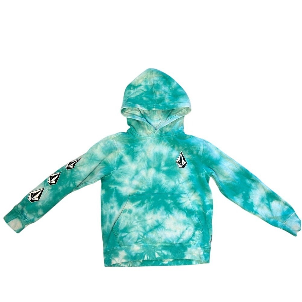 Volcom Kids Teal & White Tie-Dye Hoodie Sz small 8-10 school play pullover layer